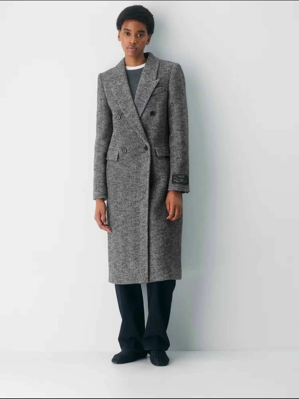 Aritzia Double-Breasted Long Gray Herringbone Coat